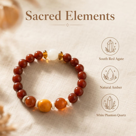 The Earth's Embers Custom Natural Crystal Energy Bracelet, South Red Agate Natural Amber White Phantom Quartz Healing Spiritual Amulet for Mindfulness & Daily Protection