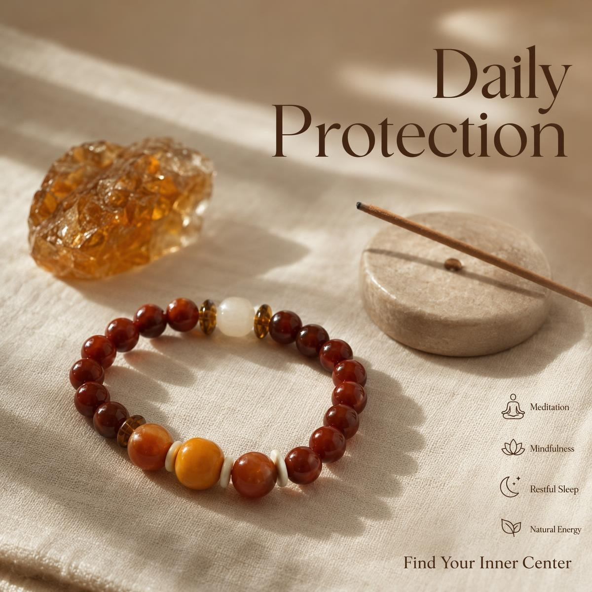 The Earth's Embers Custom Natural Crystal Energy Bracelet, South Red Agate Natural Amber White Phantom Quartz Healing Spiritual Amulet for Mindfulness & Daily Protection